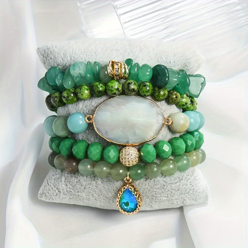 5pcs Natural Stone Bead Pendant String Bead Bracelet Set - Vintage Bohemian Style Stackable Bracelet Jewelry Set