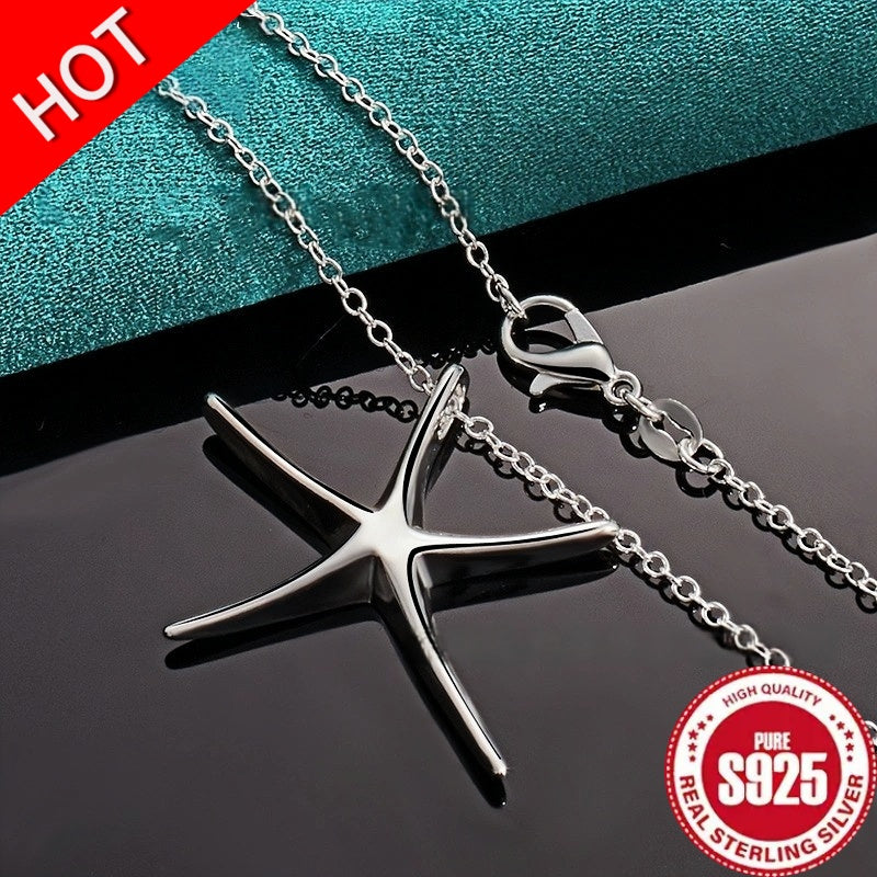925 Silver Star and Starfish Pendant Necklace - Fashionable Women's Jewelry, Perfect Wedding Accessories, Daily Wear, Holiday Gifts for Friends