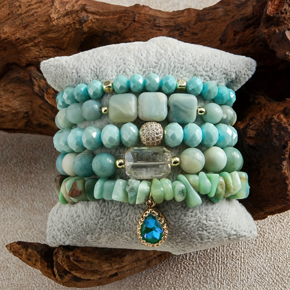 5pcs Boho Beaded Turquoise Bracelet Set, Stackable Multi-Layer Handmade Crystal And Turquoise Stretch Bracelets, Classic Design For Daily And Vacation Wear-Bohemian Elegant Style Suitable For Women Stackable