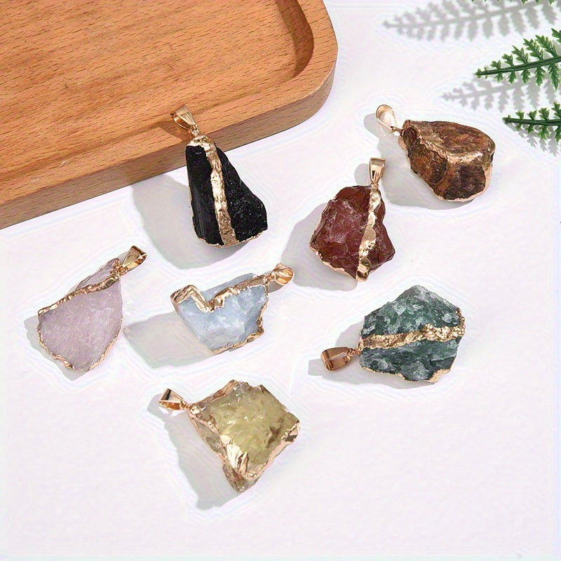 20pcs/ 10SET Natural Stone Irregular Bezel Pendants - Boho Chic Necklace DIY Kit with -Plated Edging & Black Leather Cords, Luxe Party Jewelry for Holidays/ Gifts, Includes 1 Free Storage Pouch