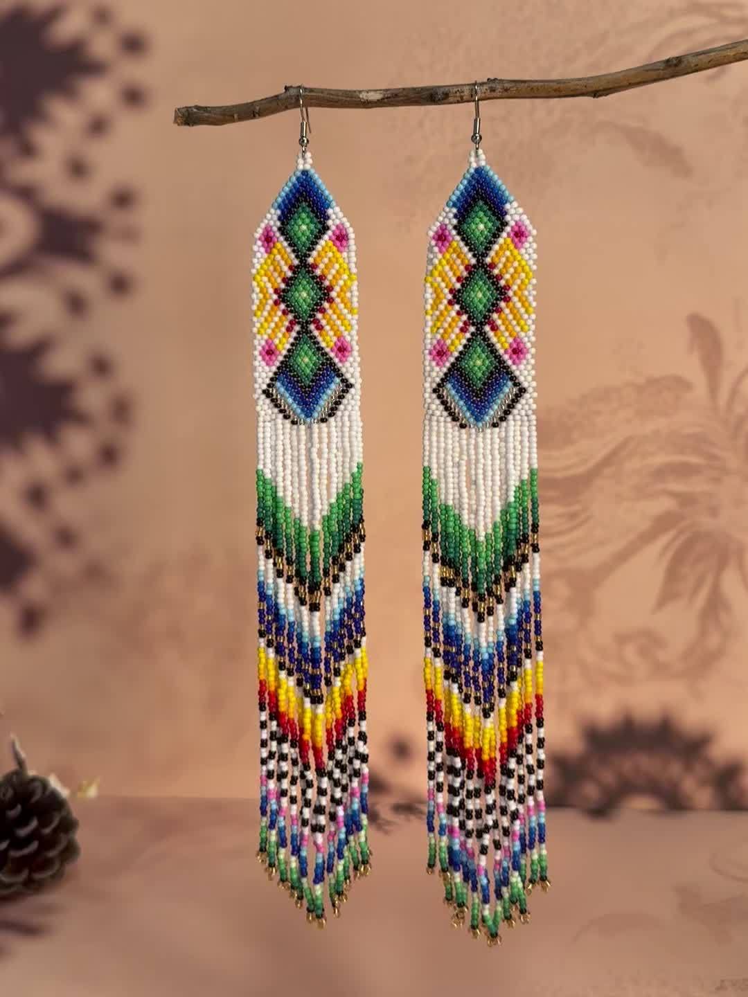 White Geometric Bohemian Ultra-long Tassel Earrings Top Beaded Tassel Earrings Handmade Glass Beads Rice Beads Seed Beads Lady Jewelry Holiday Party And Daily Wear The Best Gift Girls