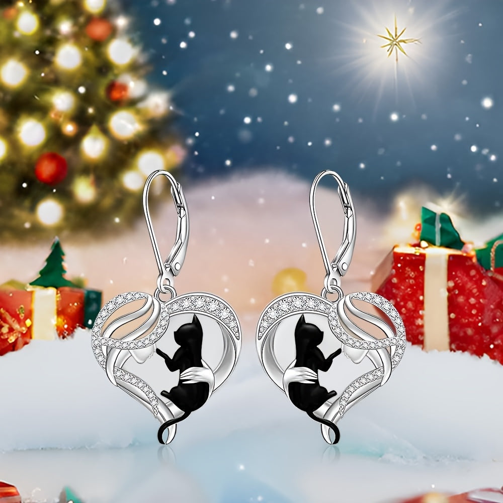 Black Cat Earrings for Women Cat Sterling Silvery Earrings Dangle Leverback Halloween Christmas Jewelry Cute Cats Gifts, Holiday Jewelry, Dangle Design, Bohemian Style, Synthetic Stone, Lightweight Earrings, Drop Earrings, St