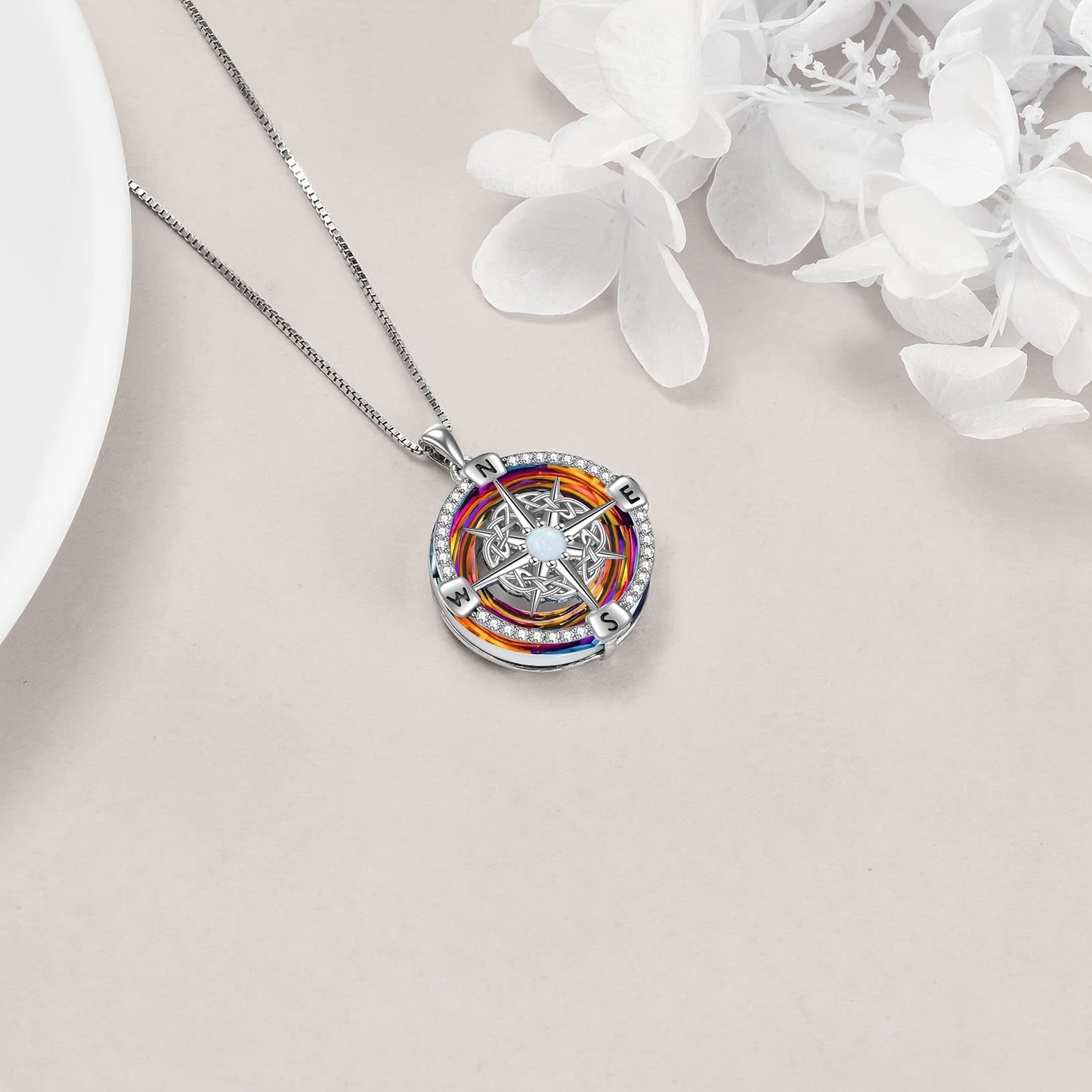 925 Sterling Silvery Compass Necklace for Women Good Luck Celtic Knot Pendant Necklace with Colorful Created Artificial Crystal Compass Jewelry Graduation Mothers Day Gifts for Sister Wife Her Mother