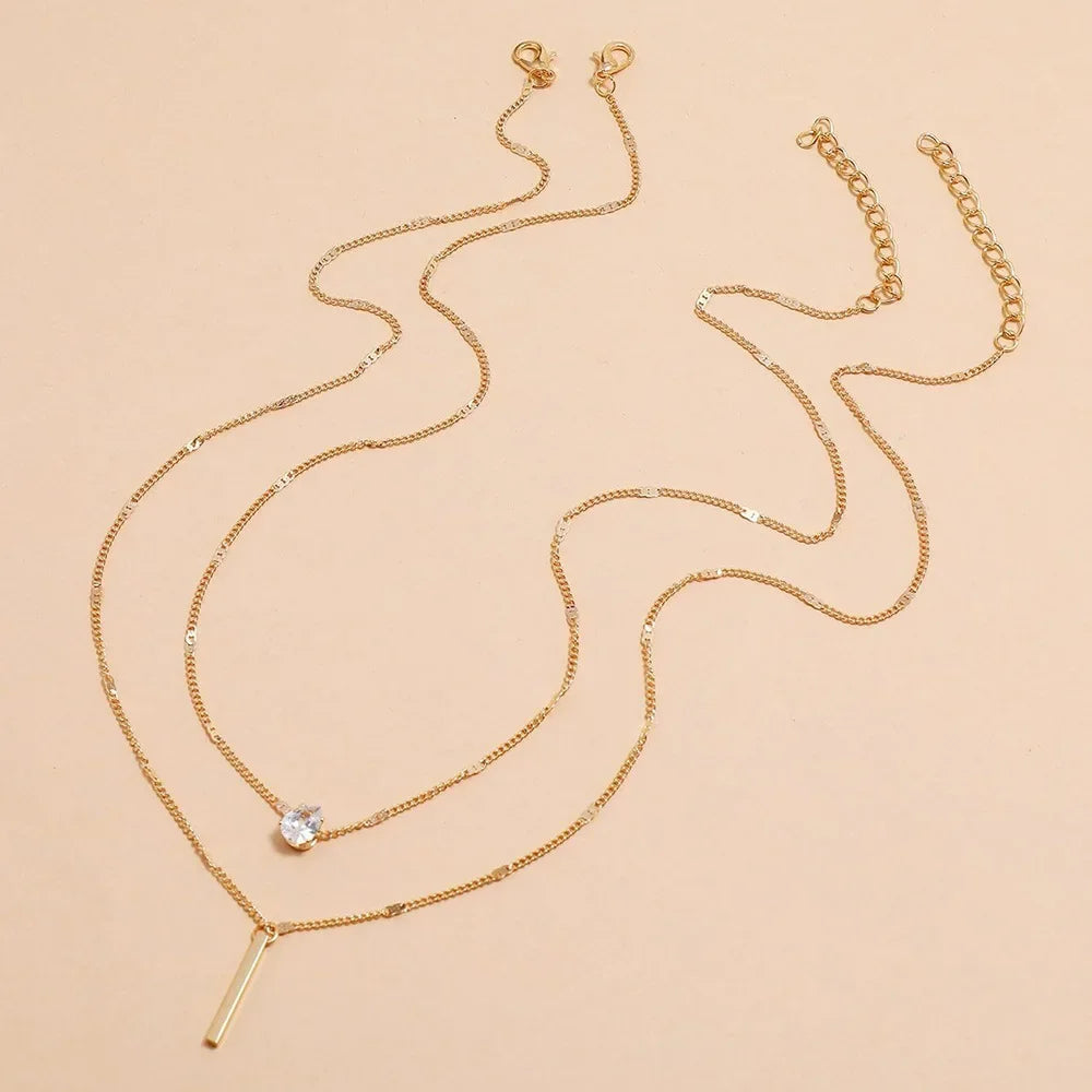 Fashion Multi-layer Necklace For Women Simple Crystal Water Drop Pendant Gold Color Chain Choker Trend Jewelry