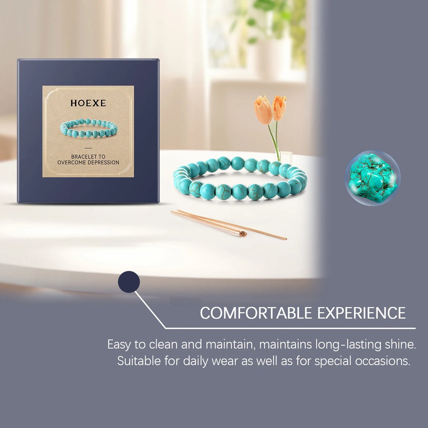 Hoexe 1pc Turquoise Beaded Bracelets Natural Stone Healing Crystal Jewelry Relieve Stress Fatigue Yoga Turquoise Bracelets