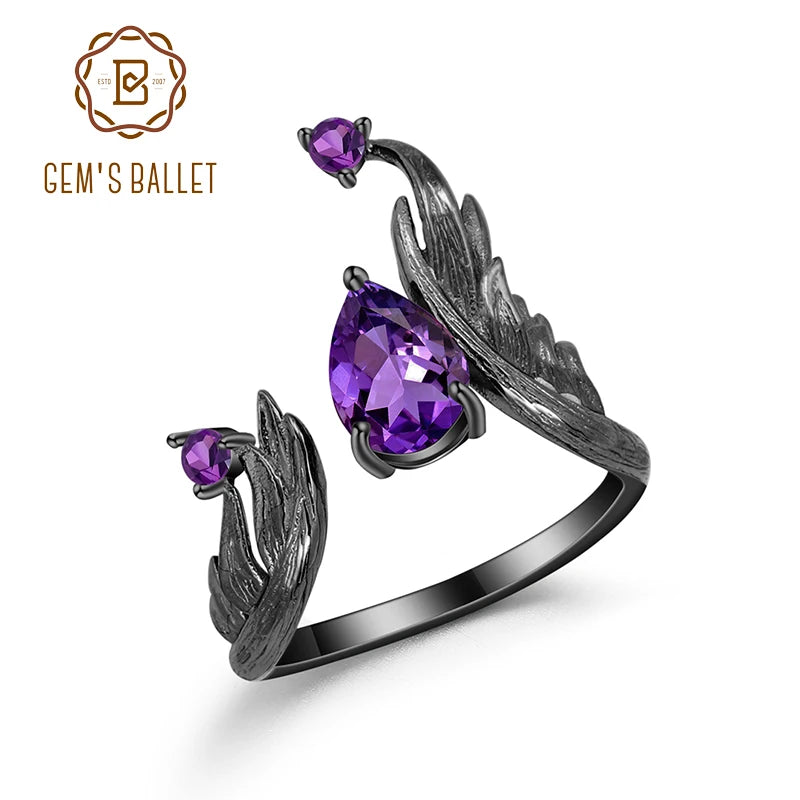 1.43Ct Natural Amethyst Gemstone Rings 925 Sterling Silver Handmade Adjustable Angel's Wing Ring for Women