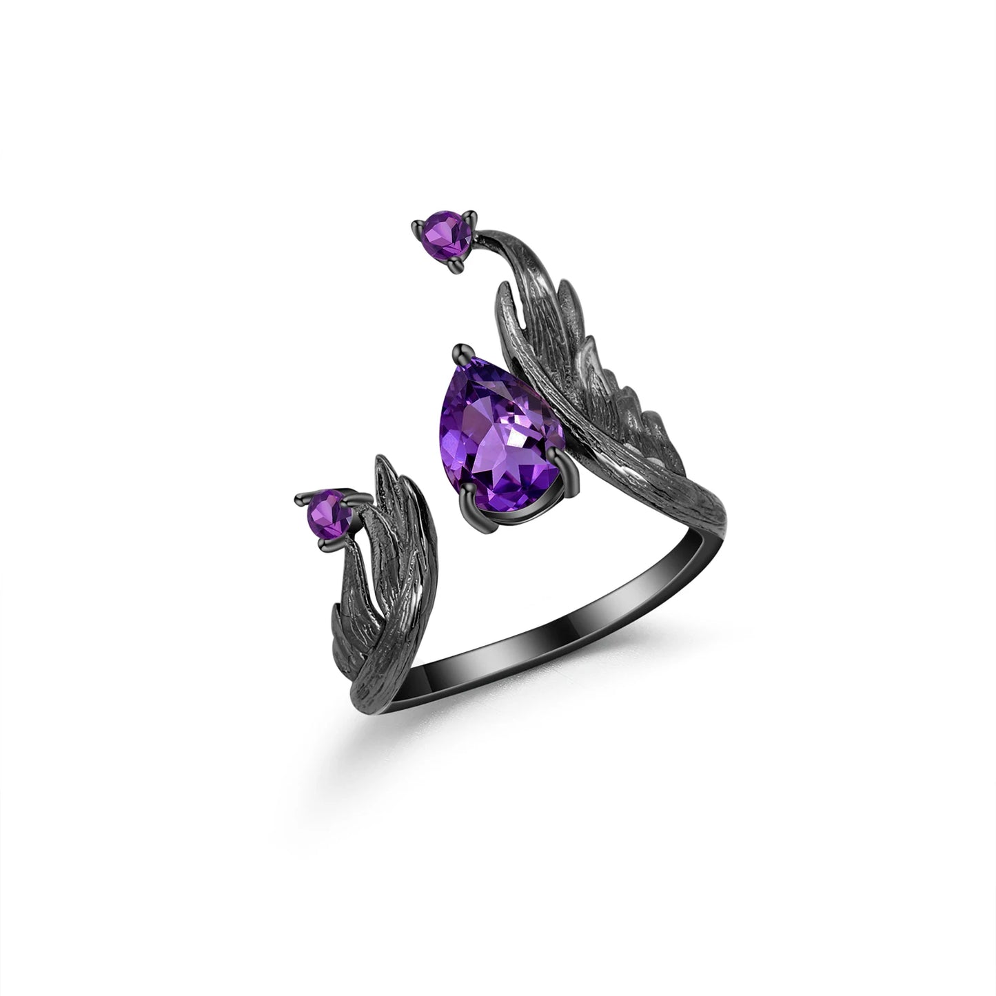 1.43Ct Natural Amethyst Gemstone Rings 925 Sterling Silver Handmade Adjustable Angel's Wing Ring for Women