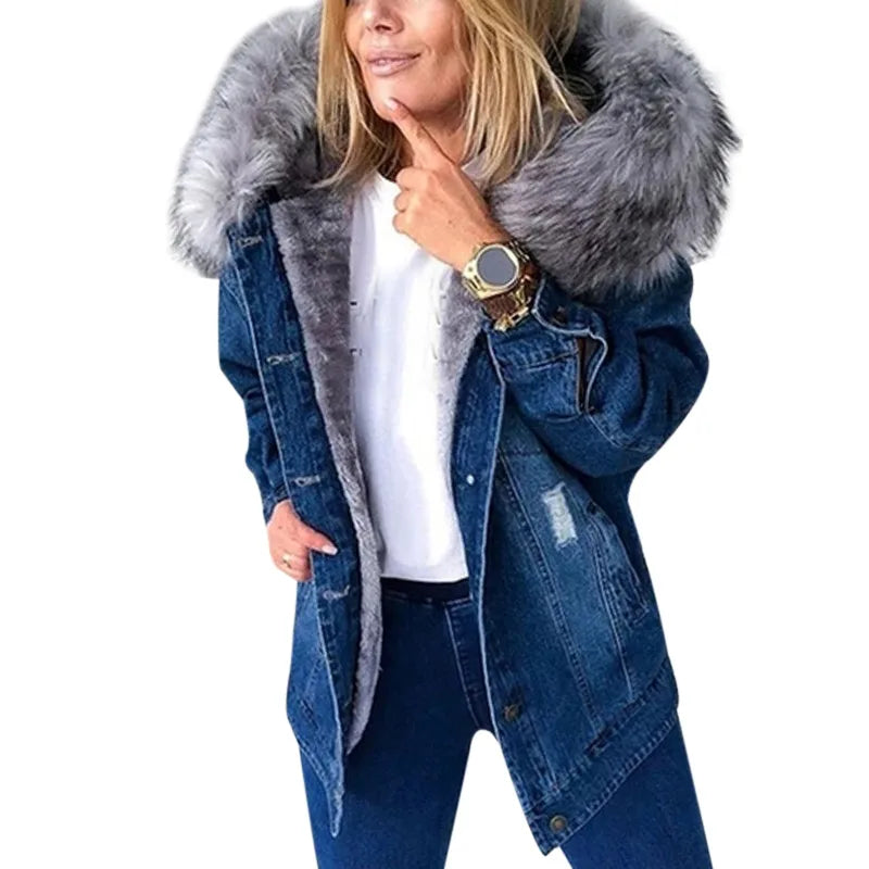 2024 Women Winter Denim Jackets Coat Fashion Plush Collar Warm Retro Fleece Lined Coat Women Chaquetas De Mezclilla Para Mujer