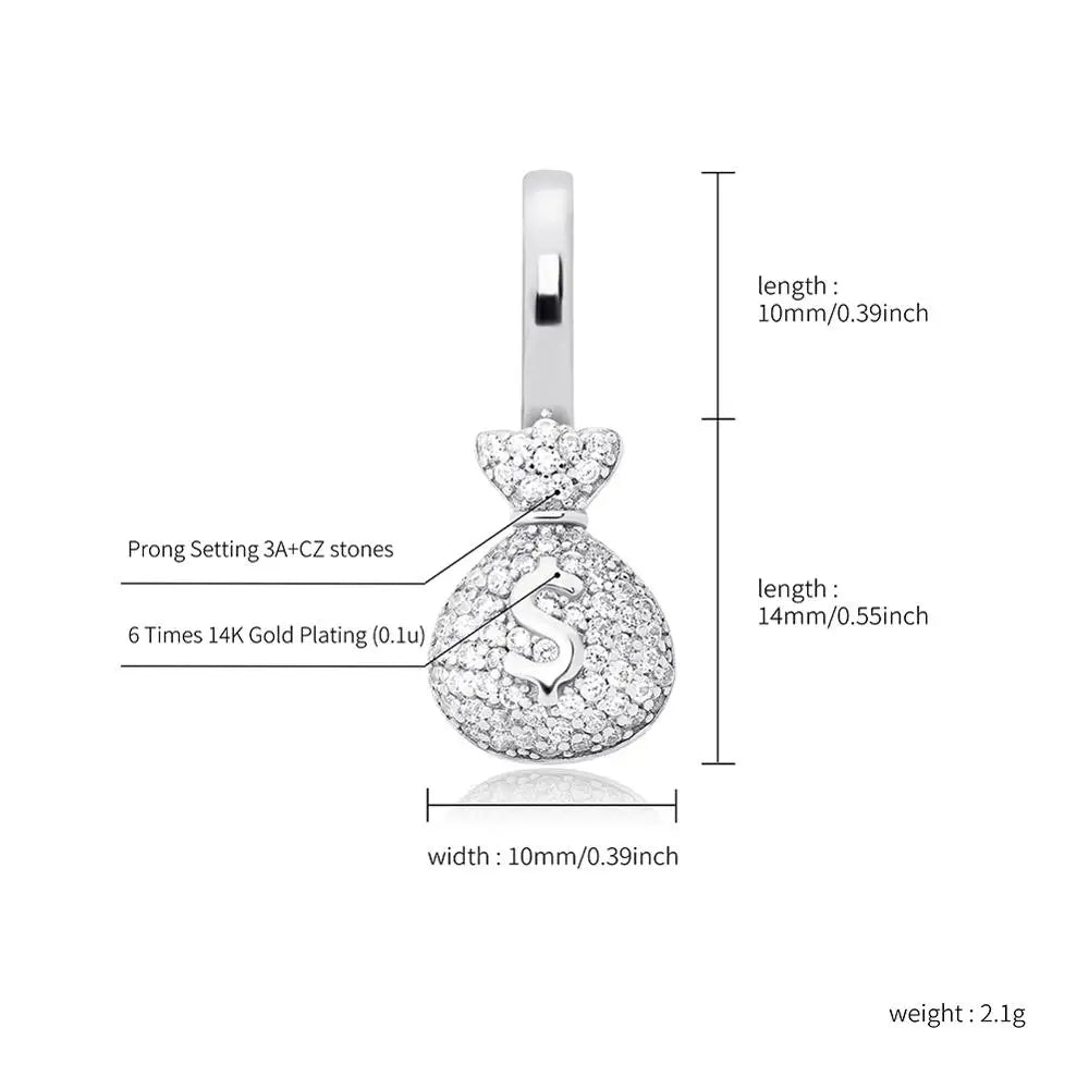 Sterling Silver MONEY BAG Pendant With Box Chain Iced Out Cubic Zirconia Pendant Hip Hop Jewelry Gift For Women