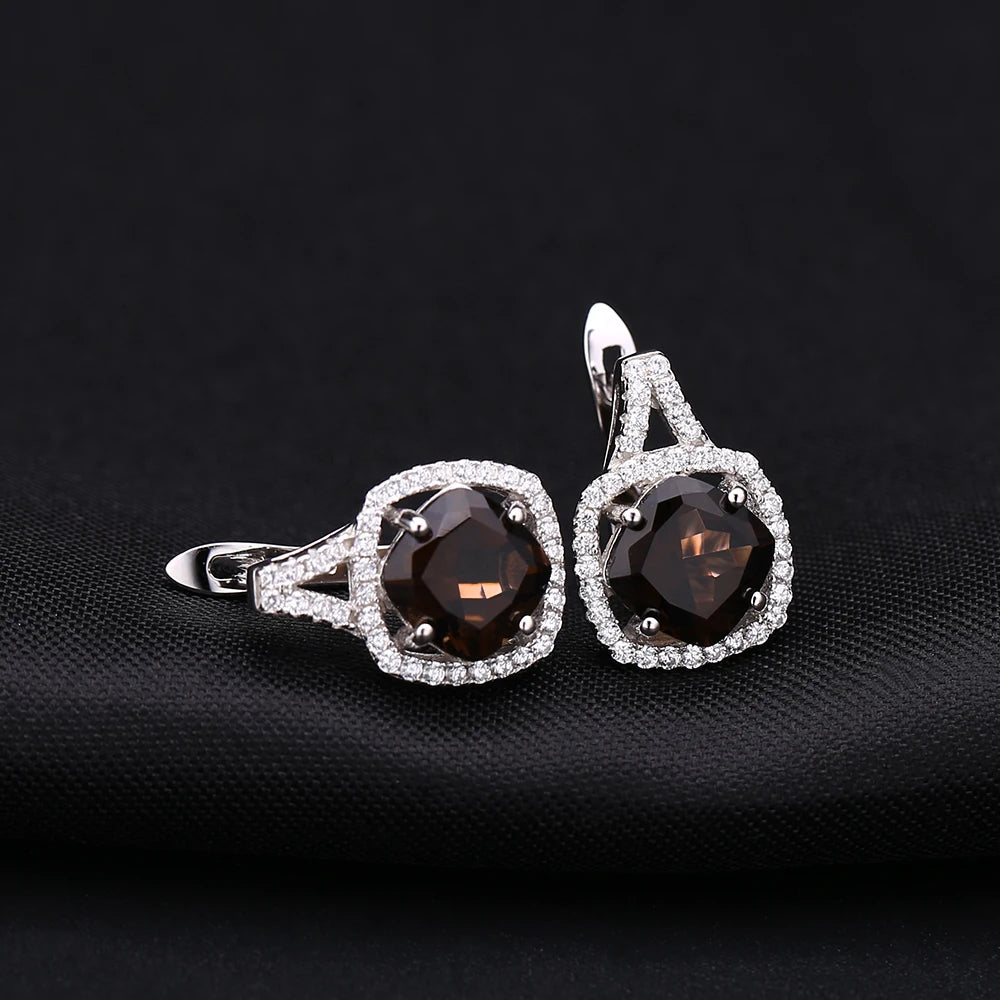 Natural Smoky Quartz Genuine 925 sterling silver Clip Earrings For Women Gift Fashion