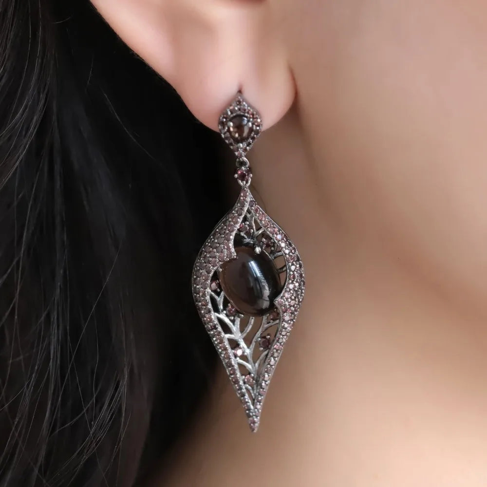 Natural Smoky Quartz Long Earrings 925 Sterling Sliver Vintage Gothic Punk Drop Earrings For Women Party Jewelry