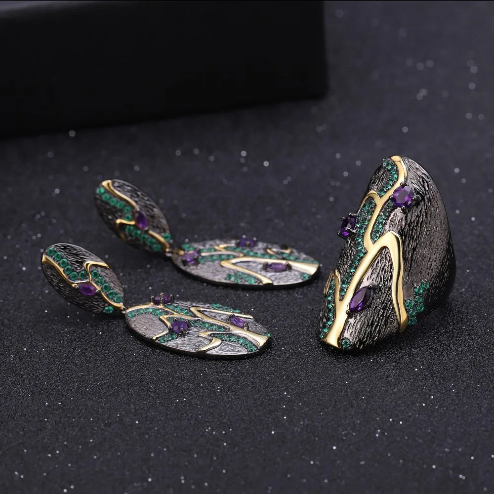 Georgia O'keeffe Leaf Ring 0.80Ct Natural Amethyst 925 Sterling Silver Handmade Finger Rings for Women