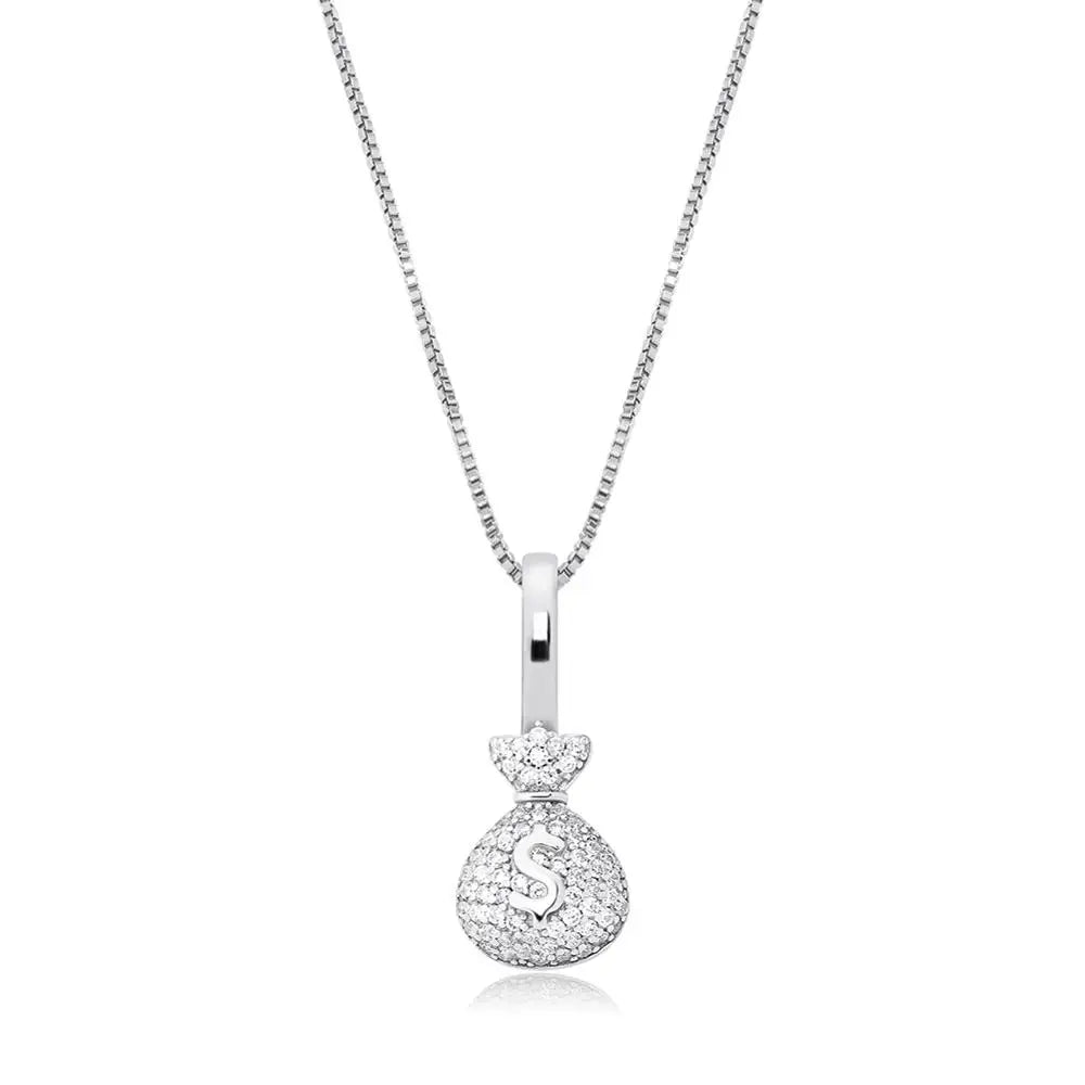 Sterling Silver MONEY BAG Pendant With Box Chain Iced Out Cubic Zirconia Pendant Hip Hop Jewelry Gift For Women