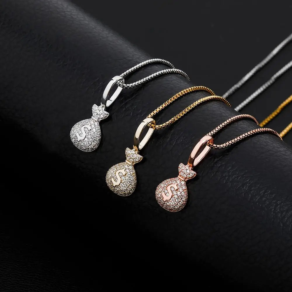 Sterling Silver MONEY BAG Pendant With Box Chain Iced Out Cubic Zirconia Pendant Hip Hop Jewelry Gift For Women