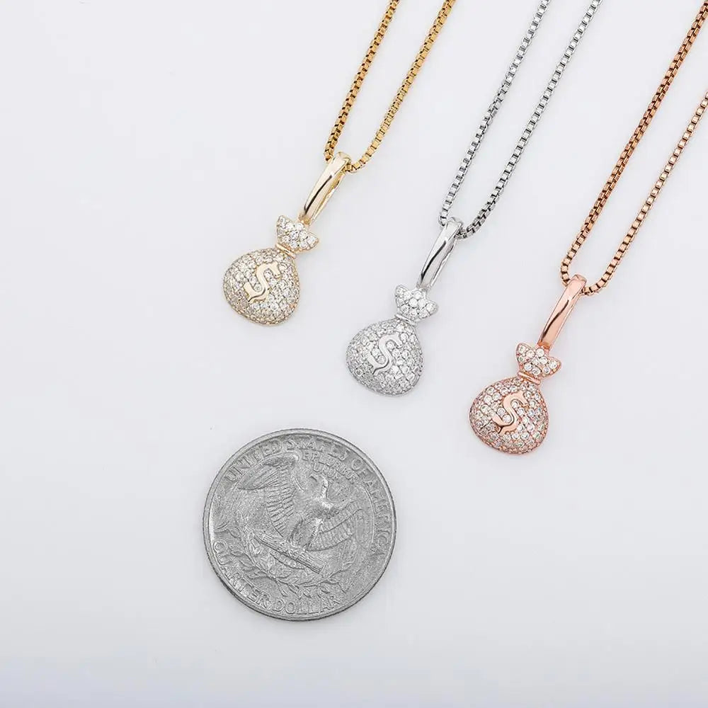 Sterling Silver MONEY BAG Pendant With Box Chain Iced Out Cubic Zirconia Pendant Hip Hop Jewelry Gift For Women