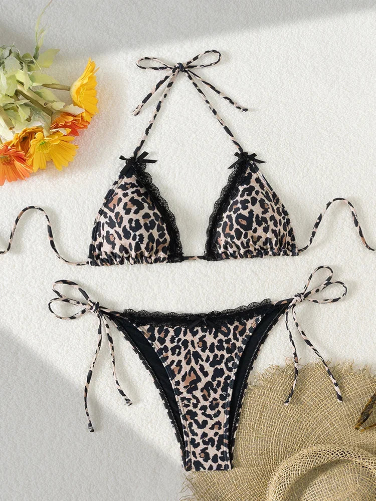 2025 New Summer Swimwear Bikini Set Sexy Print Backless Bikini 2 Piece Set Women Laced Up Split Swimsuit High Waist Beach Bikini