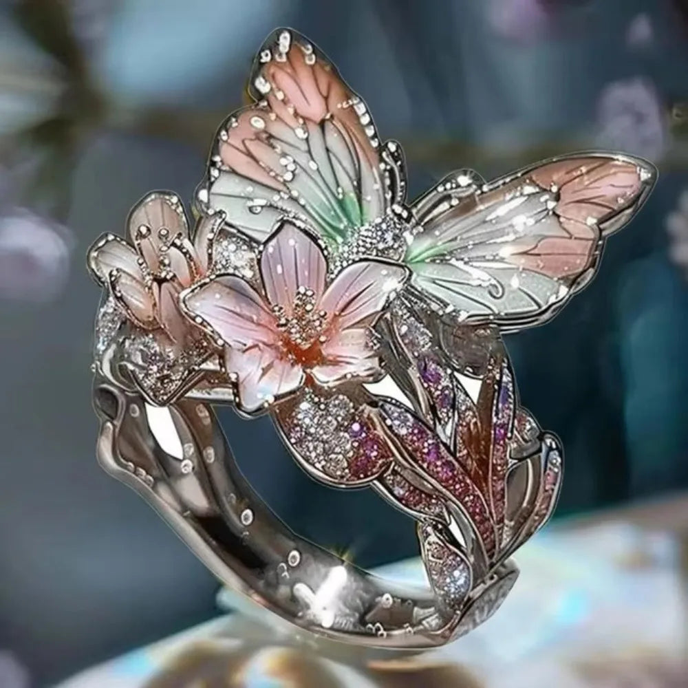 Aesthetic Flower Butterfly Rings for Female Romantic Rhinestone Stylish Non-fading Opening Ring Women Jewelry Gift
