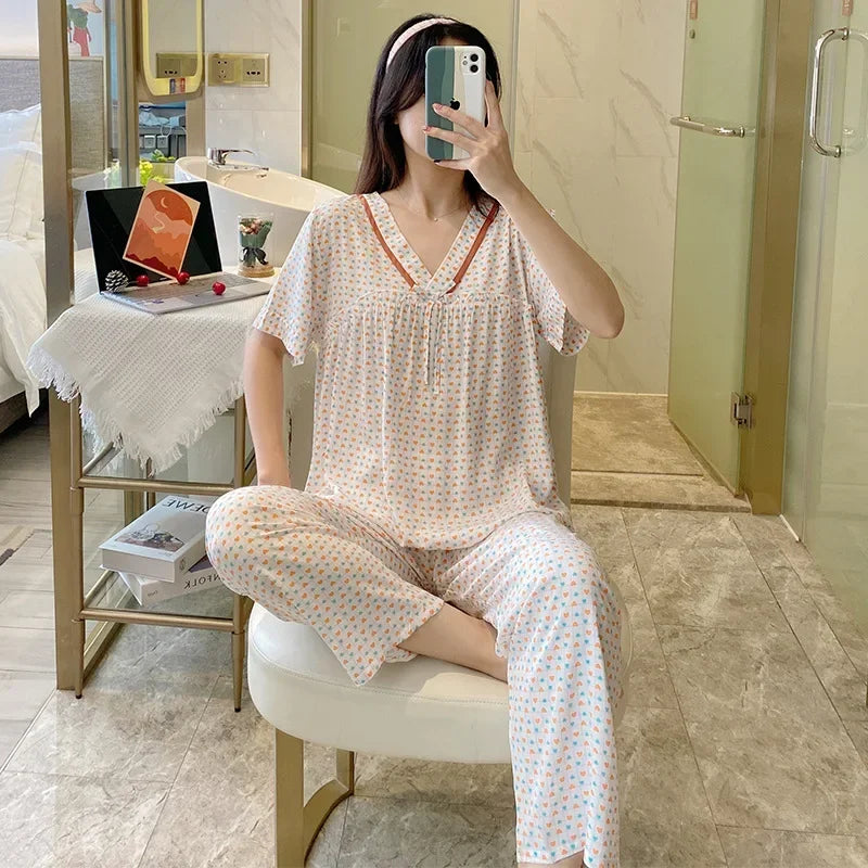Spring Summer Pajamas Women Short Sleeve Pants Suit Cotton Rayon V-Neck Korean Home Wear Set Large Size Ladies Sleepwear