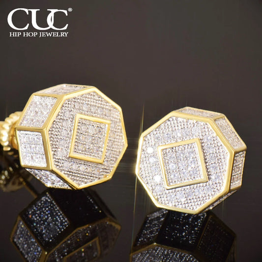 CUC 11MM Octagon Shape Stud Earring Screw Back Iced Out Cubic Zirconia  Women Earring Gold Color  Jewelry Fashion Gift