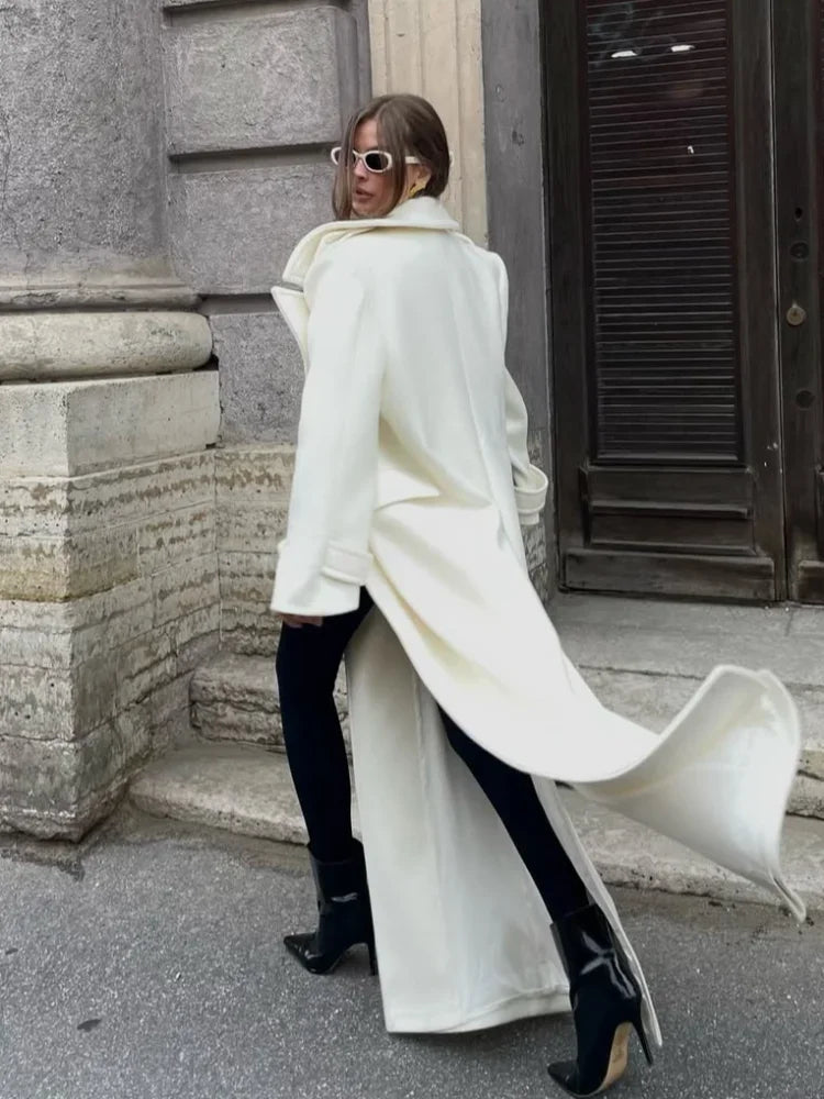 Elegant Lace Up Overcoats Women Double-breasted Wool Long Coats With Pockets 2025 High Street Fashion Autumn Winter Outerwears