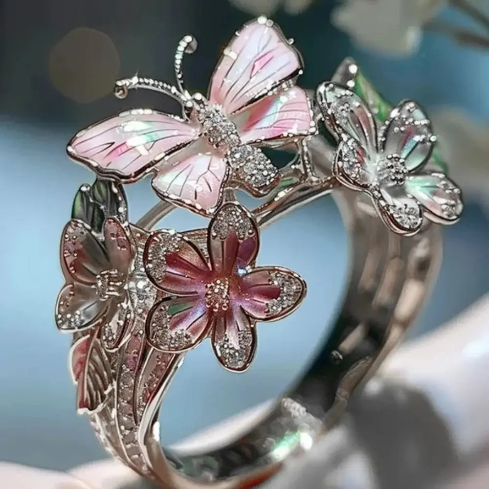 Aesthetic Flower Butterfly Rings for Female Romantic Rhinestone Stylish Non-fading Opening Ring Women Jewelry Gift