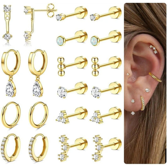 10Pairs Flat Back Earrings Cartilage Set for Multiple Piercing Surgical Steel Earrings for Women Trendy Earring Stacks Flatback