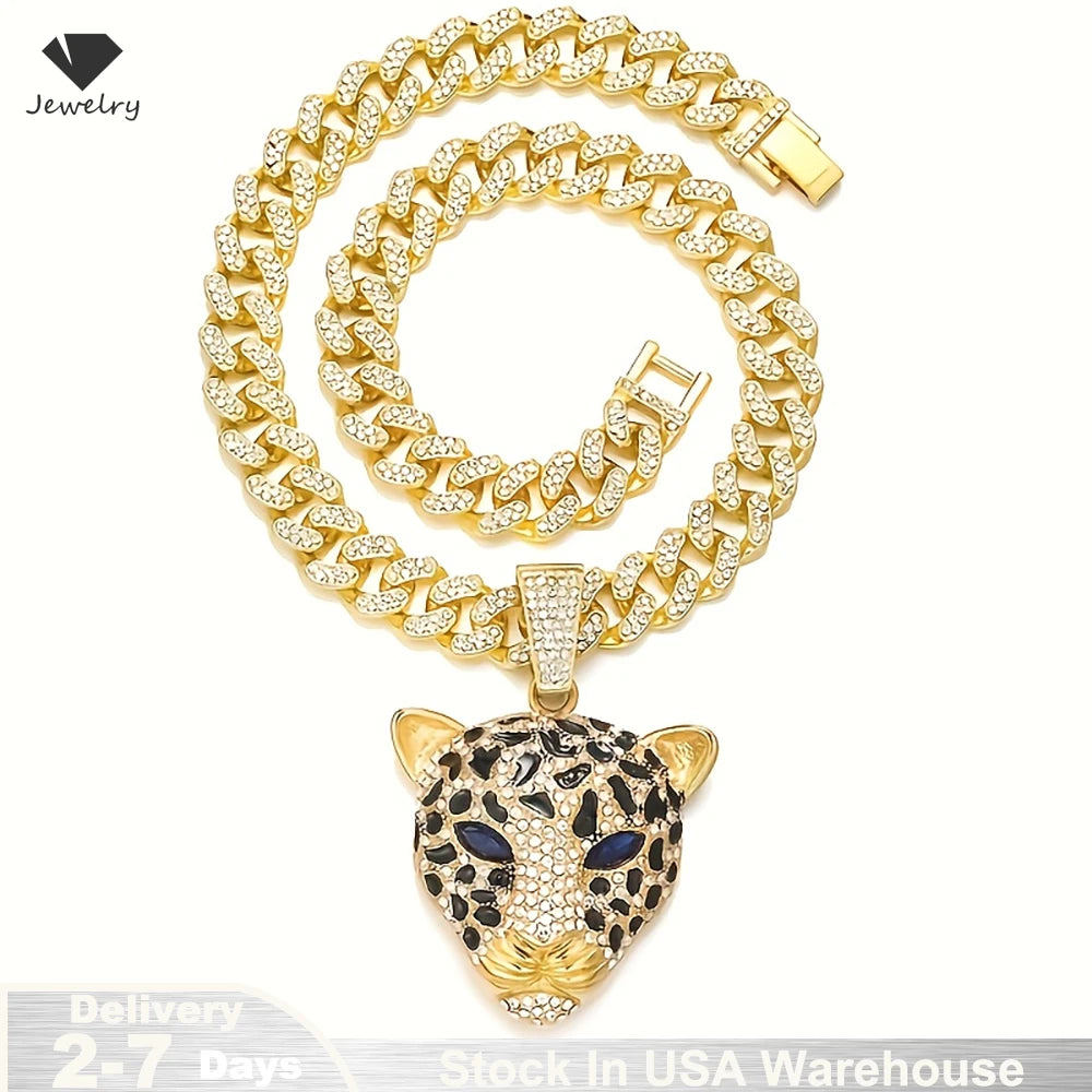 Leopard Necklace Zinc Alloy Diamond Leopard Head Pendant Luxury Cuban Chain Hip Hop