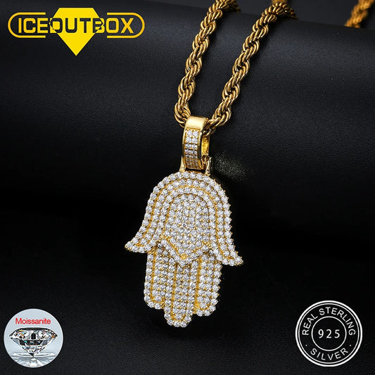 New Moissanite Iced Out Bling Hamsa Hands Pendants Necklaces S925 Silver Charm For  Women