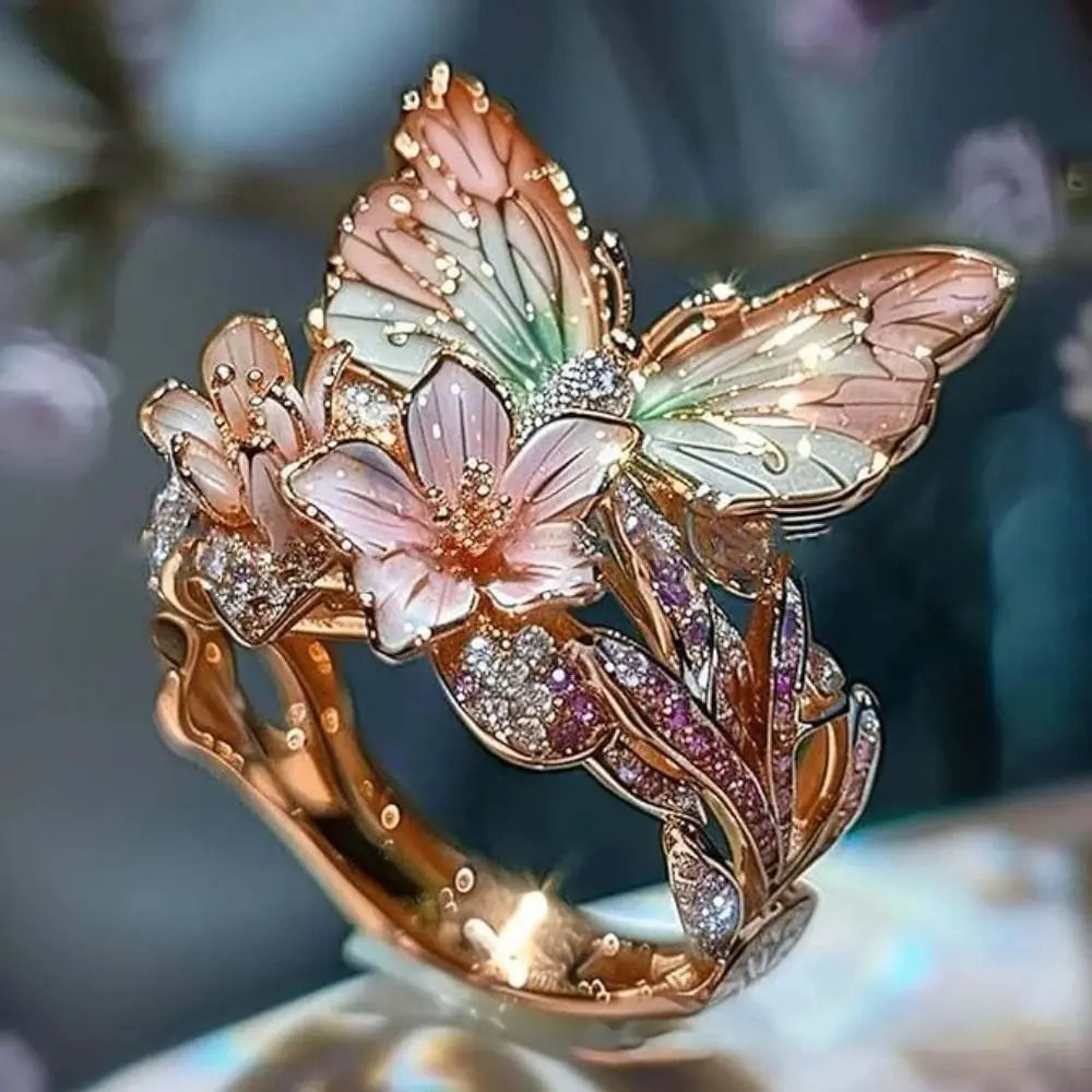 Aesthetic Flower Butterfly Rings for Female Romantic Rhinestone Stylish Non-fading Opening Ring Women Jewelry Gift