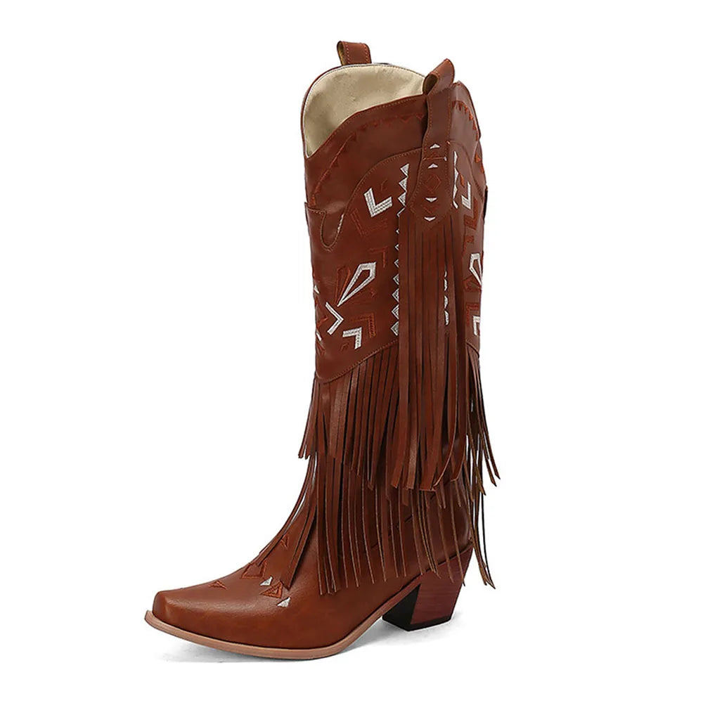 Retro Tassel Embroidered Cowgirl Mid-Calf Women Western Boots Pointed Toe Chunky High Heel Cowboy Cool All-Match Shoes