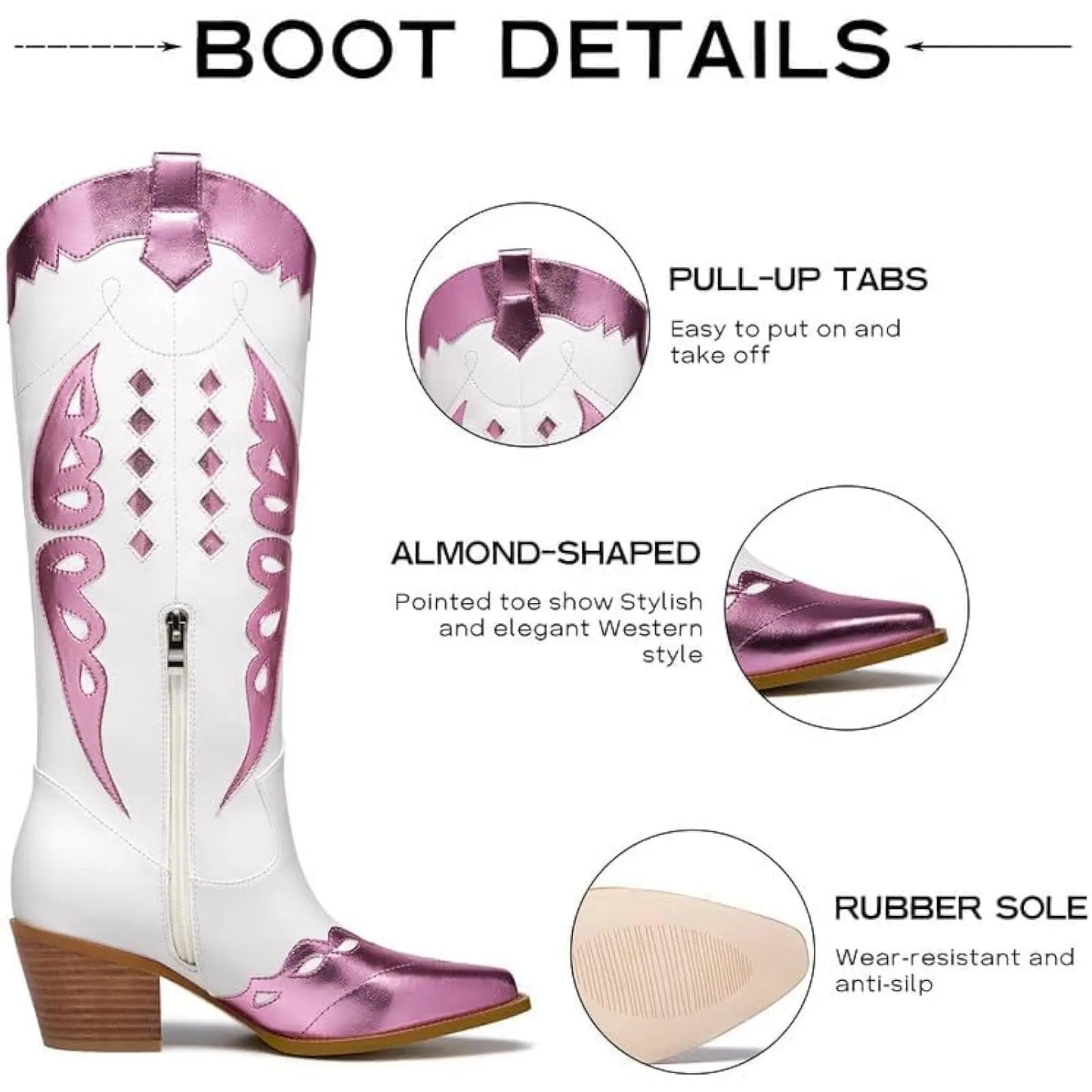 Women's metallic mid-calf cowboy boots with sparkly embroidery, wide calf fit, pointy toe, and chunky stacked heel.