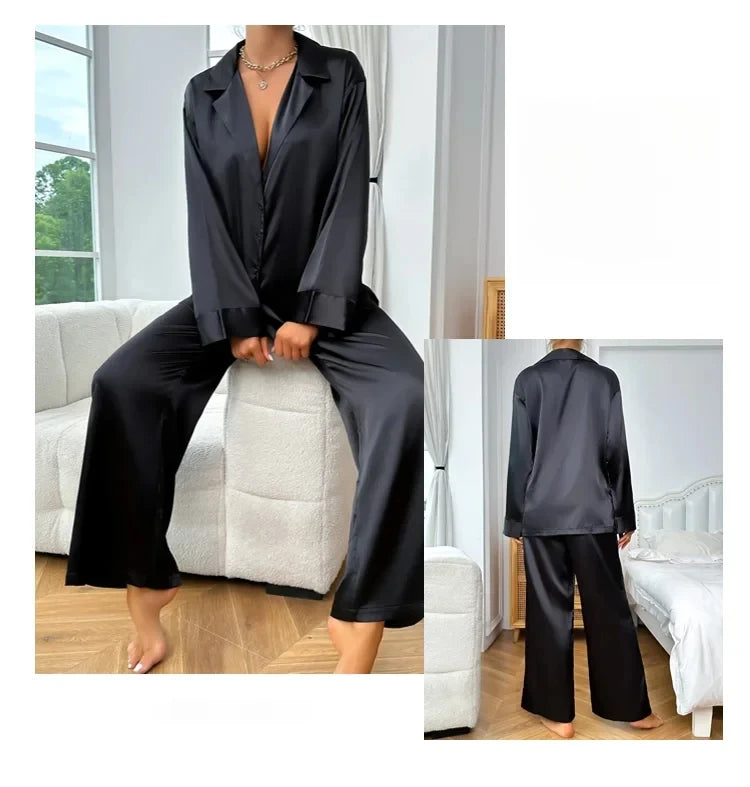 Satin Silk Sleepwear Low Cut Sexy Pajamas For Women Single-Breasted Long Sleeves Wide Leg Pants Trouser Suits Oversized