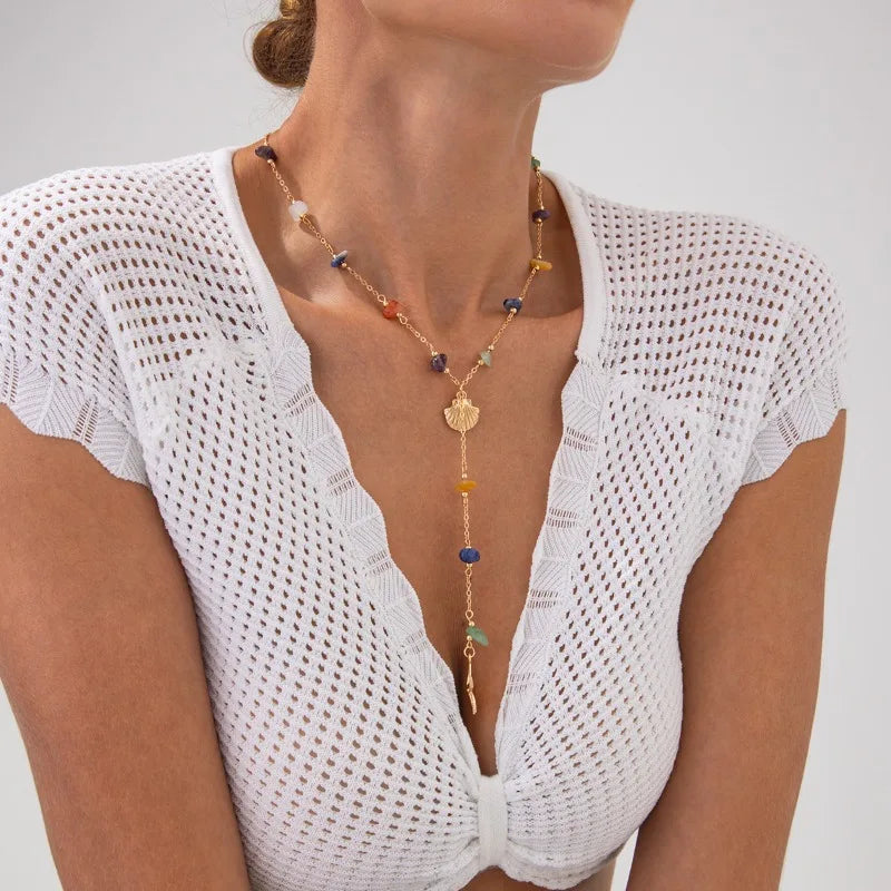 Holiday Style Starfish Shell Pendant Necklace, Irregular Turquoise Collarbone Chain Necklace for Women