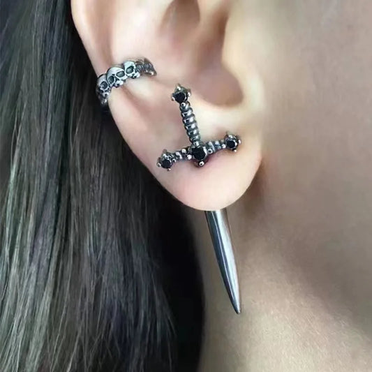 Jewelry Sword  Initial Piercing Earrings for Women Crystal Ear Jacket Dagger Stud Earrings Jewelry