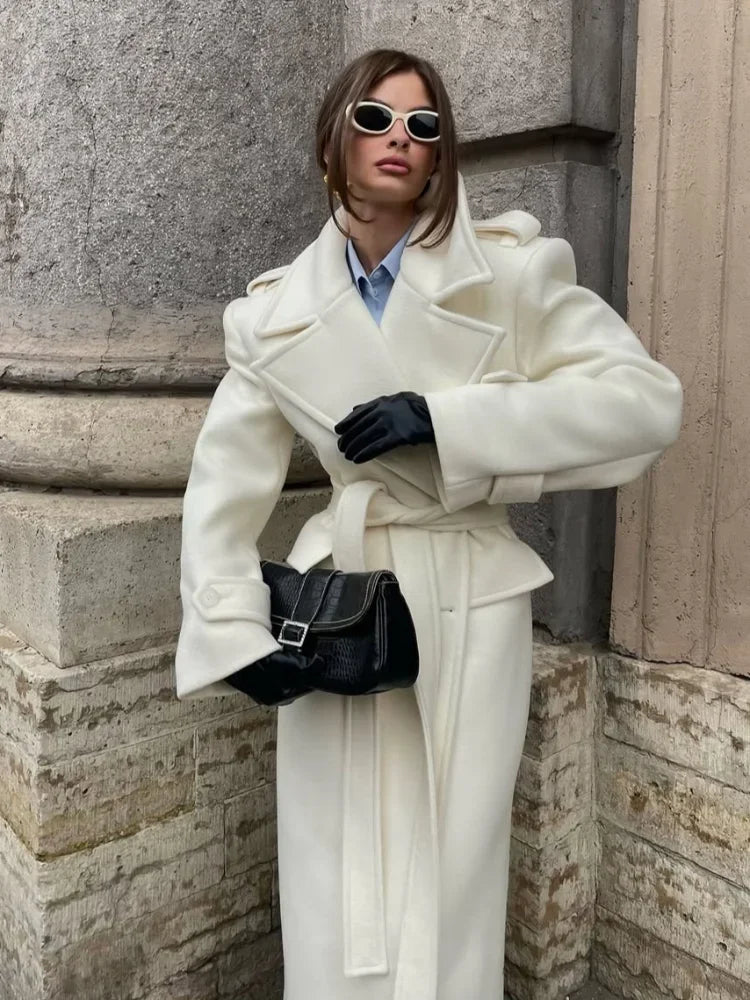 Elegant Lace Up Overcoats Women Double-breasted Wool Long Coats With Pockets 2025 High Street Fashion Autumn Winter Outerwears