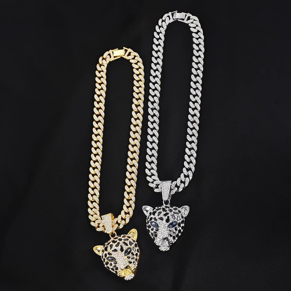 Leopard Necklace Zinc Alloy Diamond Leopard Head Pendant Luxury Cuban Chain Hip Hop