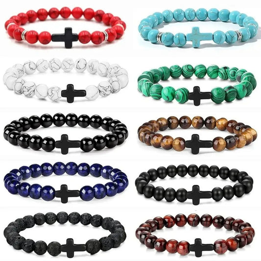 Prayer \Natural Stone Wood Beads Rosary Hematite Cross Bracelets Onyx Meditation Bracelet Women Yoga Jewelry Home