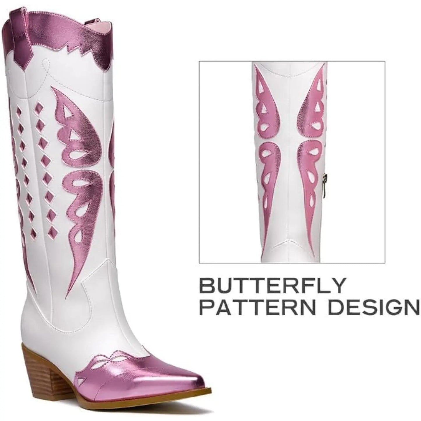 Women's metallic mid-calf cowboy boots with sparkly embroidery, wide calf fit, pointy toe, and chunky stacked heel.