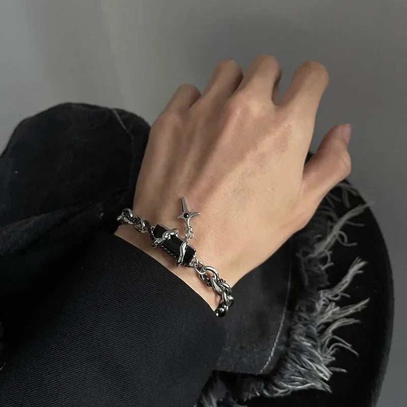 Retro Black Zircon Star Bracelet for Women Gifts Trend Titanium Steel Chain Jewelry