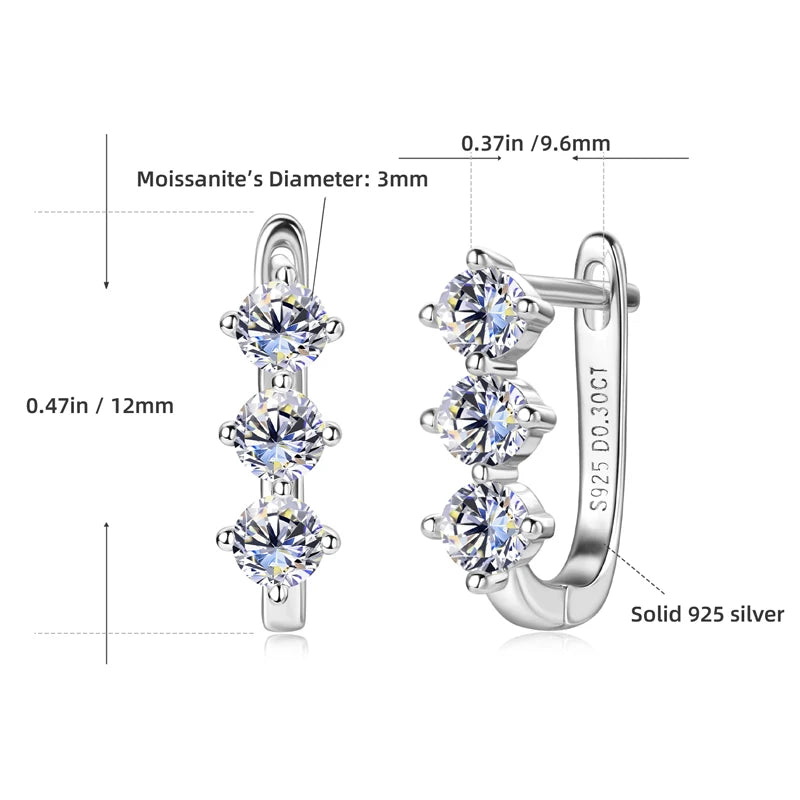 Fashion Classic U-shaped earrings S925 Silver 3mm Moissanite Hoop Clip Earring Fine Jewelry Gift
