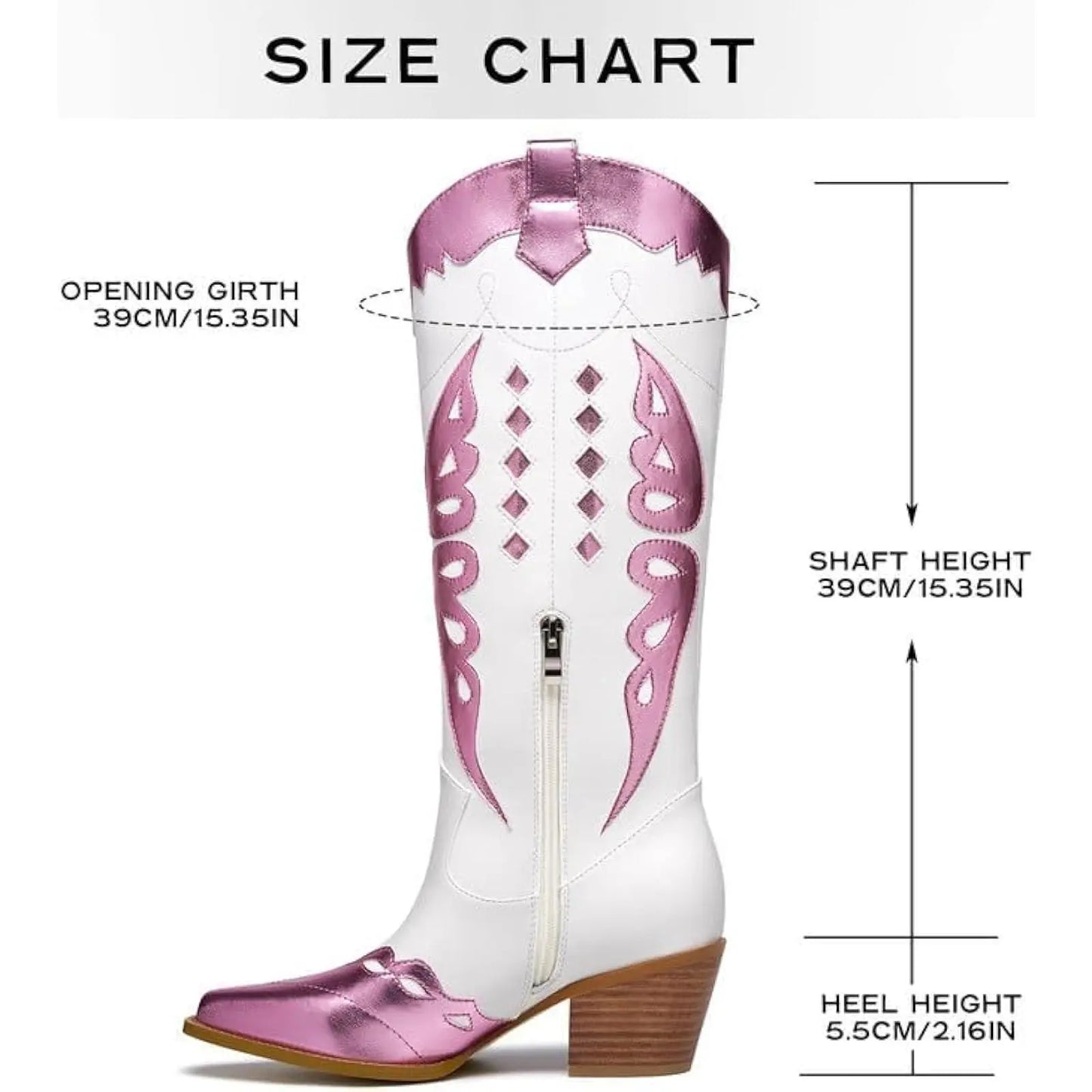 Women's metallic mid-calf cowboy boots with sparkly embroidery, wide calf fit, pointy toe, and chunky stacked heel.