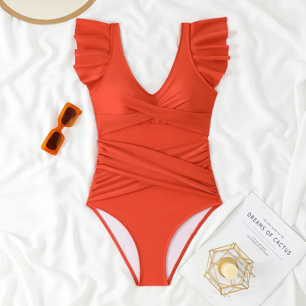2025 Sexy Ruffle Swimsuit One Piece V-neck Drawstring Swimwear Women Bathers Bathing Swimming Swim Suit Female Beachwear XXL