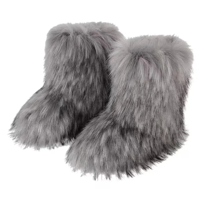 Winter Fuzzy Boots Women Furry Shoes Fluffy Fur Snow Boots Plush lining Slip-on Rubber Flat Outdoor Bowtie Warm Ladies Footwear