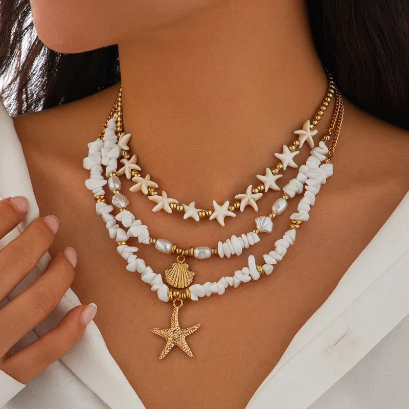 Accessories, holiday shell beaded collarbone chain, beach alloy imitation pearl multi-layer starfish necklace