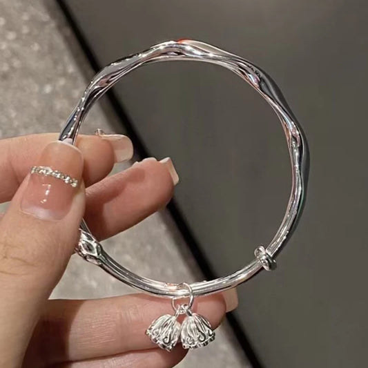 Vintage Silver Color Lotus Flower Bud Bracelet Fashion Push-Pull Bracelet Valentine's Day Gift For Girls Jewelry Gift