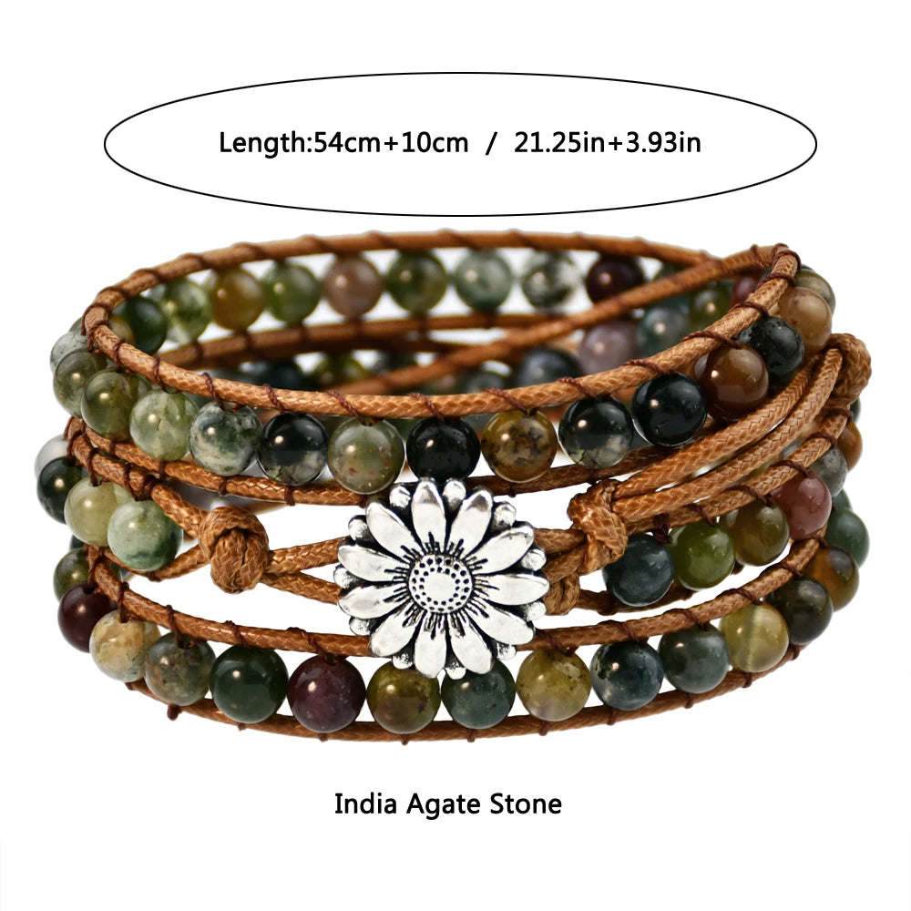 Boho Natural Stone Wrap Bracelet Leather Multilayers Colorful Jasper Agate Beaded Flower Charm Handmade Bracelets