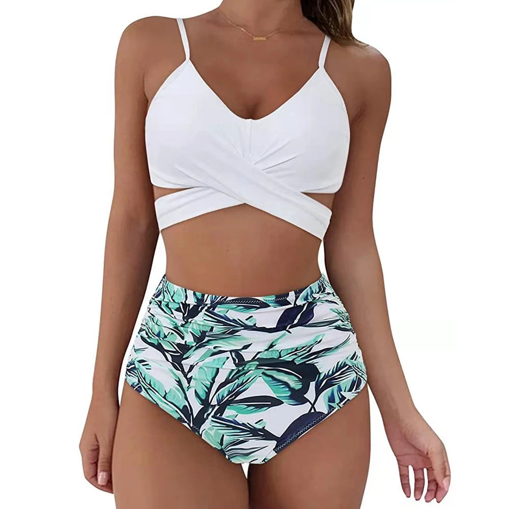 Hot 12 Colors Women Slim Bikini Sets High Waisted Sexy Swimwear 2 Pieces 2025 Solid/Floral Ruched Brazilian Swimsuit Cross Front