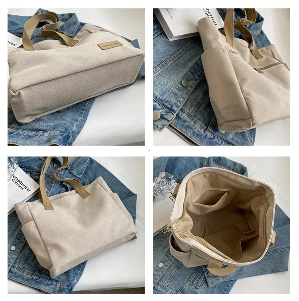 Fashion Retro Versatile Canvas Tote Bag Leisure Student Shoulder Bags Portable Handbag with Zipper for Women