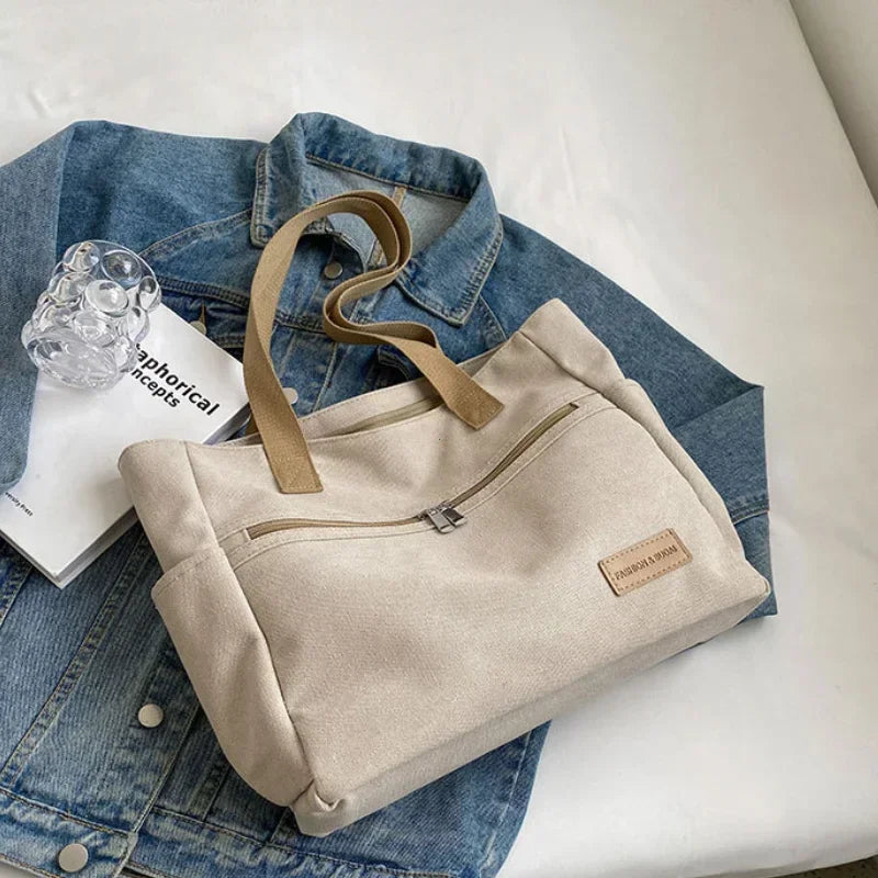 Fashion Retro Versatile Canvas Tote Bag Leisure Student Shoulder Bags Portable Handbag with Zipper for Women