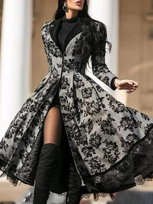 Women's New Retro Floral Lace Patchwork Long Jacket, V-Neck, Slit Hem, Comfortable Fit, Machine Washable, Suitable for Spring
